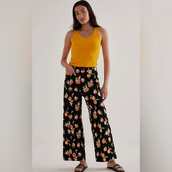 Maeve x Anthropologie Black Colette Pants With A Peach Print - Picture 1 of 6